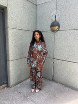 ENSEMBLE SATIN IMPRIME FLORAL CHOCOLAT & BLEU
