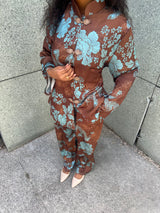 ENSEMBLE SATIN IMPRIME FLORAL CHOCOLAT & BLEU