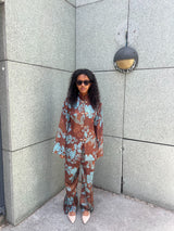 ENSEMBLE SATIN IMPRIME FLORAL CHOCOLAT & BLEU