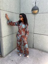 ENSEMBLE SATIN IMPRIME FLORAL CHOCOLAT & BLEU